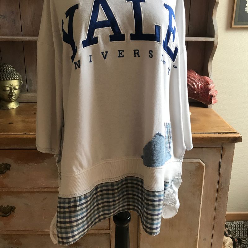 Upcycled Yale sweater with gingham and denim